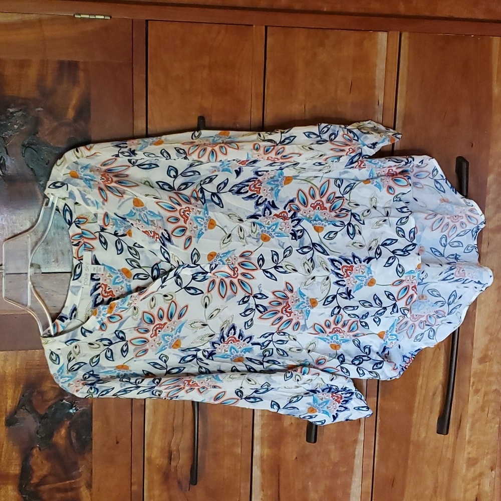 Stunning pale sky PM women's multicolor rayon blouse. Unique tailoring!